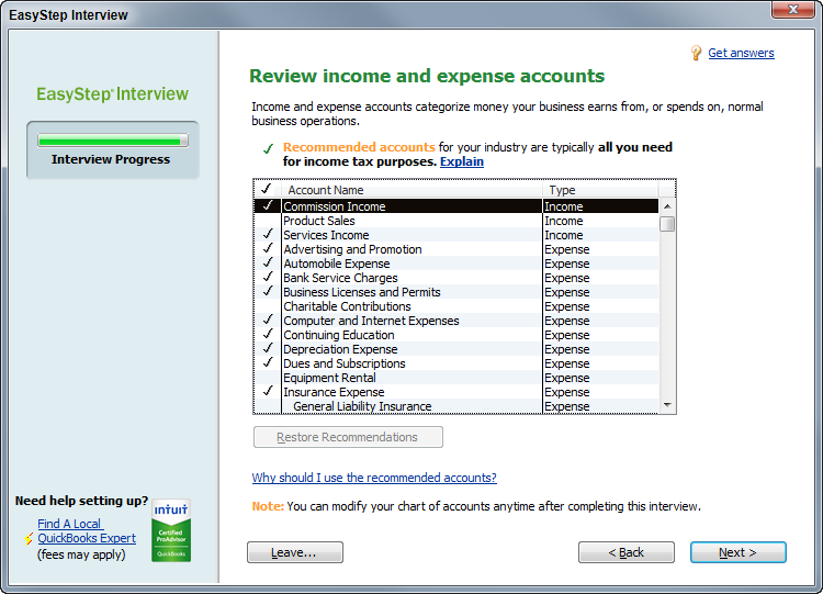 QuickBooks places a checkmark in front of the accounts that are typical for your industry. Click the checkmark cell for an account to add one that the program didn’t select, or click a cell with a checkmark to turn that account off. You can also drag your cursor over checkmark cells to turn several accounts on or off.