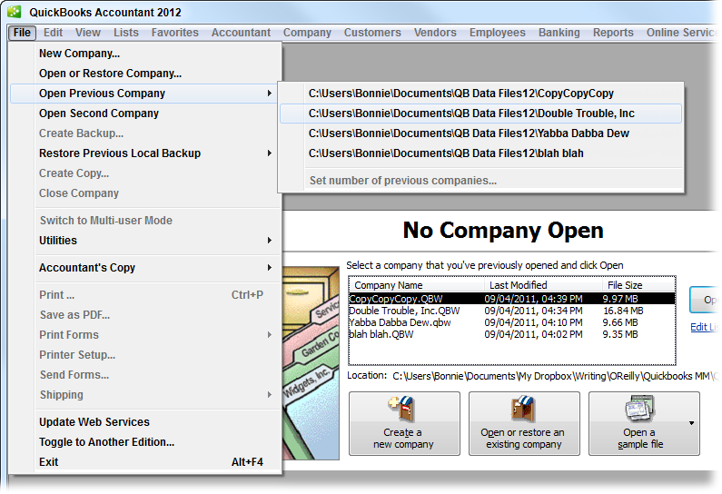 To open a company file you’ve worked on recently, select it on the Open Previous Company submenu. If the No Company Open window is visible (you can see part of it here), you can open a recent file by double-clicking its filename in the window’s list. (Opening a sample file is the only task that the No Company Open window performs that you can’t do from the File menu.)