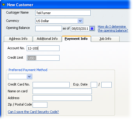 On the Payment Info tab, only the Preferred Payment Method field has a drop-down menu of commonly used values, which come from the Payment Method List (page 165). You have to type the values you want in all the other fields.