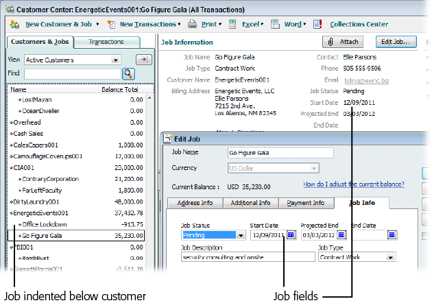 When you select a job in the Customer Center (jobs are indented below their customers), the Job Information section of the window displays Job Status, Start Date, Projected End, and End Date. If you want to edit info you’ve entered for a job, double-click the job’s name in the left-hand list to open the Edit Job dialog box.