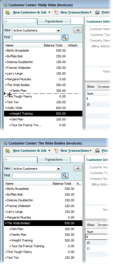 Top: When your cursor changes to a four-headed arrow, drag within the Customers & Jobs tab to move the job. As you drag, a horizontal line between the two arrowheads shows you where the job will go when you release the mouse button.Bottom: After reassigning all the jobs to the customer you intend to keep, you can merge the now-jobless customer into the other. When the merge is complete, you see only the customer you kept.