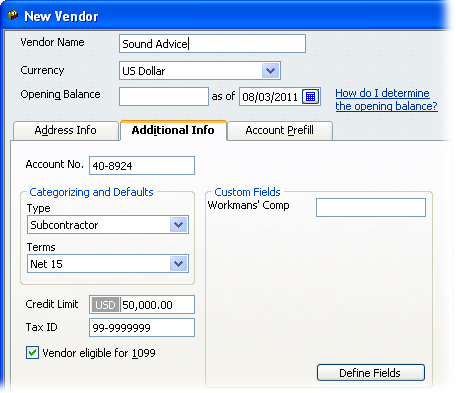 The fields on the Additional Info tab are easy to fill in—just remember that they pertain to your account with the vendor. For example, the Account No. field holds the account number that the vendor assigned to your company, and the Credit Limit field represents how much credit the vendor extends to you.
