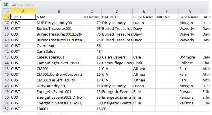 A file you import has to use field names that match QuickBooks’. For example, replace a Last_Name heading with LASTNAME, which is the keyword for the last name field in QuickBooks. The first column has to include the keywords QuickBooks uses to identify customer or vendor records. And the first cell in the first row of a customer import file has to contain the text “!CUST,” as shown here. (The first cell in the first row of a vendor import file has to contain the text “!VEND.”)