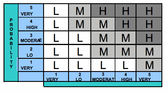 A standard risk matrix, image from the NASA Procedural Requirements.