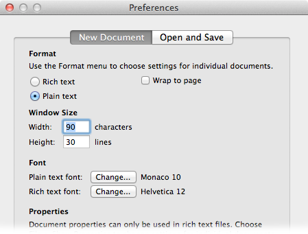 You can get to the TextEdit preferences under the Preferences menu, or with the shortcut combination ⌘-,. In the Preferences box, you’ve got lots of options, but the text format and font used for plain text are the most important for now.