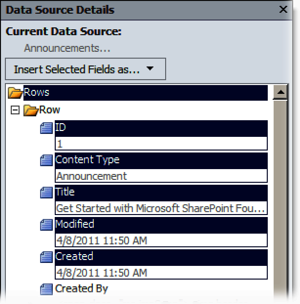 Selecting columns to display a DVWP based on an Announcements list