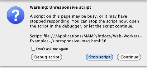 The warning dialog for “unresponsive script” in MacOS