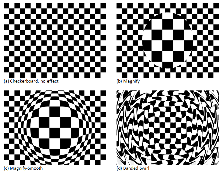 Three distortion effects applied to checkerboard.