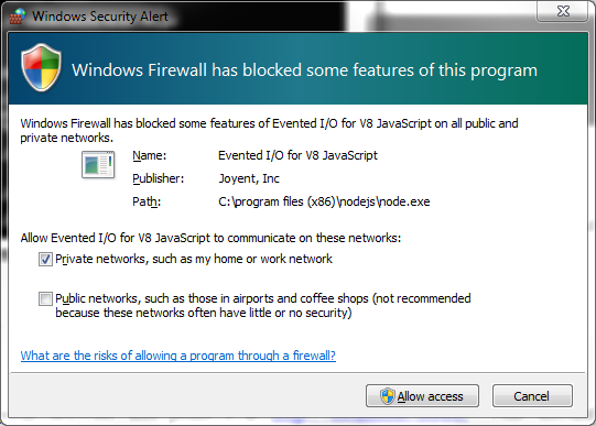 Warning that the Windows Firewall blocked Node application, and the option to bypass