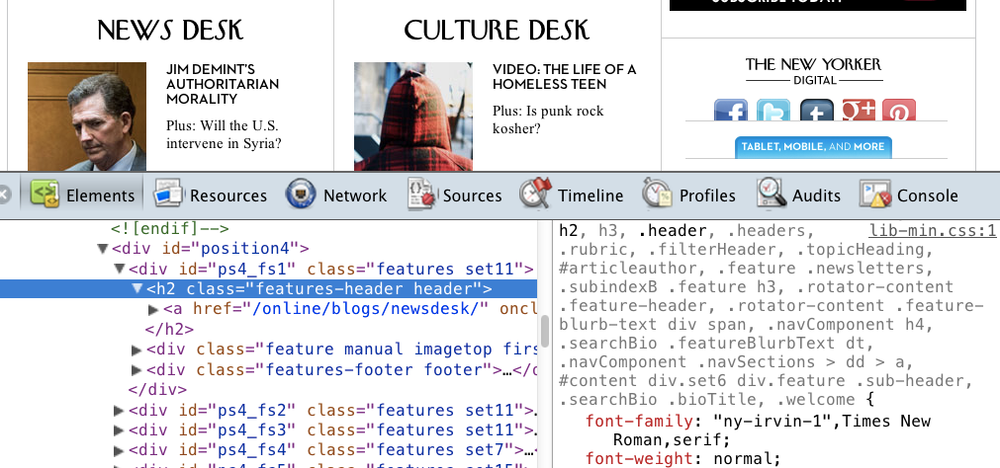 Screenshot from newyorker.com showing the NY Irvin font as well the browser console with the CSS referencing that font