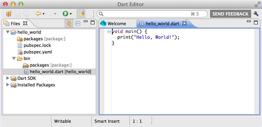 Dart Editor displaying a new appâs files