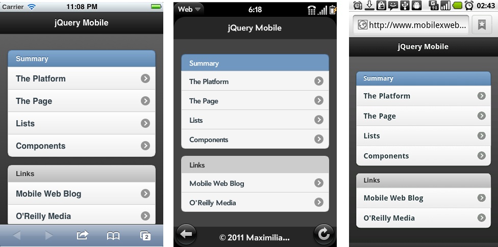 How our first simple jQuery Mobile code looks on different devices: iOS, webOS, and Android