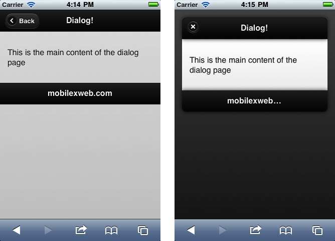 Here you can see the exact same page opened normally and as a dialog