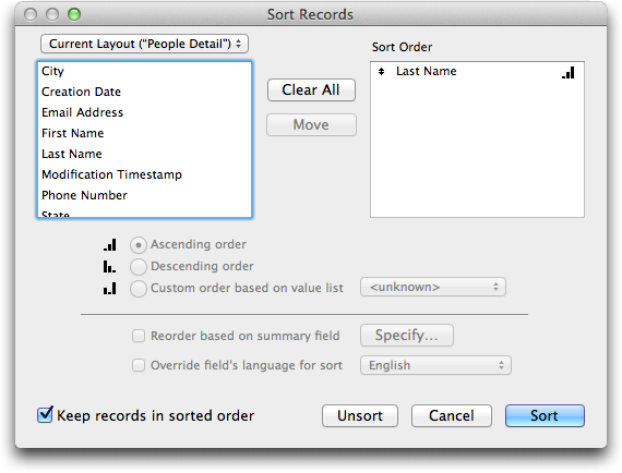 The Sort Records dialog box has a lot of options, but the two lists on top and the first two radio buttons are critical to every sort you’ll ever do in FileMaker. You pick the fields you want to sort by and the order in which they should be sorted, and then click Sort. That’s the essence of any sort, from the simple to the most complex.