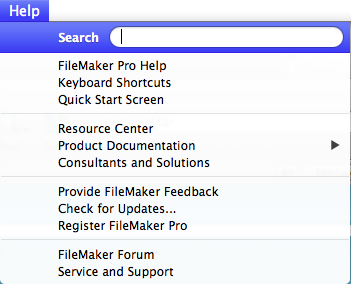 Here’s the Help menu on a Mac in its pristine state, and showing its initial menu items. As you type a search term, FileMaker searches its Help application to create a list of choices that may relate to your search terms.