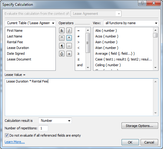 The Specify Calculation window lets you write a formula that’s attached to a calculation field. You can perform calculations on text, number, date, time, timestamp, or container fields and get results of each of those types, too. The option “Do not evaluate if all referenced fields are empty” can speed up your database, because FileMaker doesn’t have to try to calculate a value if data is missing from all the fields that make up the calculation.