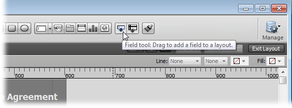 The arrow points to the Field tool, and a tooltip identifies the tool and adds a usage tip. The Field tool works a little differently than most tools. You have to drag the tool down onto the layout where you want the field to land. When you’re creating fields, turn on dynamic guides, so they can show you the size, shape, and location of the new fields. The dotted horizontal line represents the field’s baseline.