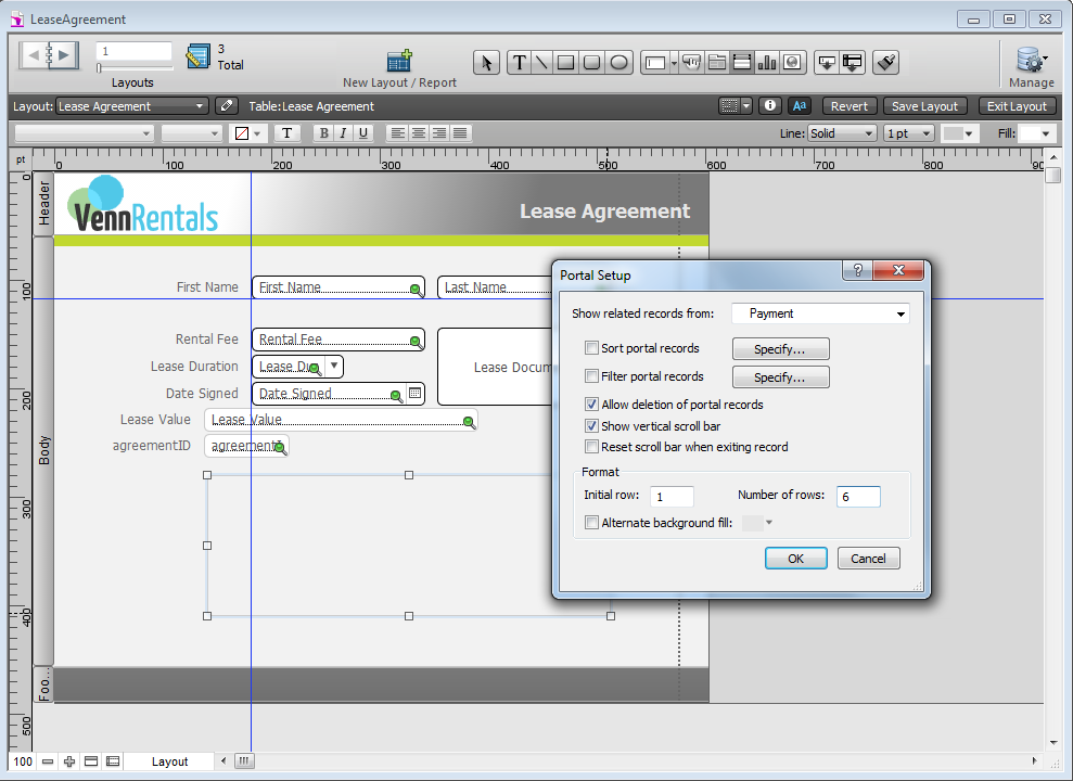In the upper right of the Status toolbar, you see the Portal tool selected. On the layout you can see an outline where the portal will be when you finish creating it. The Portal Setup dialog box is set to allow you to create, edit, and delete Payment records without ever having to visit a Payment layout.