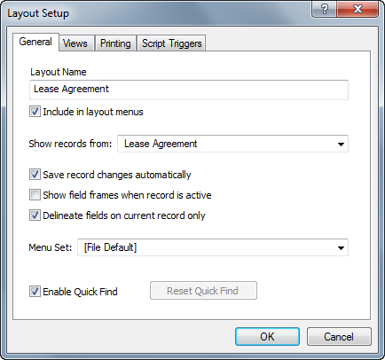 The Layout Setup dialog box tells you that the Lease Agreement layout shows records from the Lease Agreement table occurrence. The “Include in layout menus” option lets you determine which of your layouts show up in the Status toolbar’s Layout pop-up menu. Deselecting this option is a good way to keep users off a layout you don’t want them to see, like your Payments layout or layouts you create for printing envelopes or mailing labels.