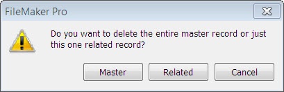 Just clicking in a field on a portal row doesn’t give FileMaker enough information about context, so it asks you which record you want to delete. If you click on Master or Related (but not Cancel), you’ll get a second window asking if you’re sure you want to delete the record.