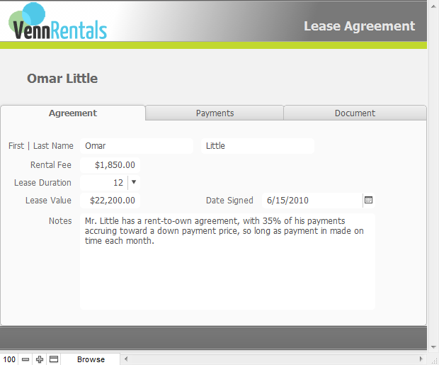 This version of the Lease Agreement layout has a large Tab Control covering most of its area. The Tab Control has three tabs, with the existing fields divided among them. The Agreement tab has the basic data, plus a big new field for storing notes about the Lease Agreement. The Payment portal has been moved to the Payments tab, and the Lease Document container field has been moved to the Document tab. Check the finished sample file to see what those tabs look like.