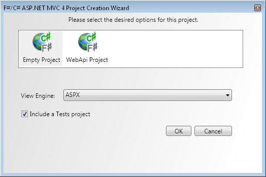 Project Creation Wizard dialog with F# ASP.NET MVC