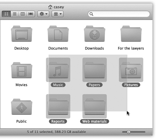 You can highlight several icons simultaneously by dragging a box around them. To do so, drag from outside the target icons diagonally across them, creating a translucent gray rectangle as you go. Any icons or icon names touched by this rectangle are selected when you release the mouse. If you press the Shift or key as you do this, then any previously highlighted icons remain selected.