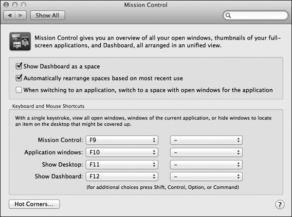 You can trigger Mission Control in any of five ways: by clicking its icon, with a finger gesture, by twitching your cursor into a certain corner of the screen, by pressing a key, or by clicking the extra buttons on a multibutton mouse, including Apple’s Mighty Mouse. Of course, there’s nothing to stop you from setting up all of these ways, so you can press or swipe in some situations and twitch or click in others.