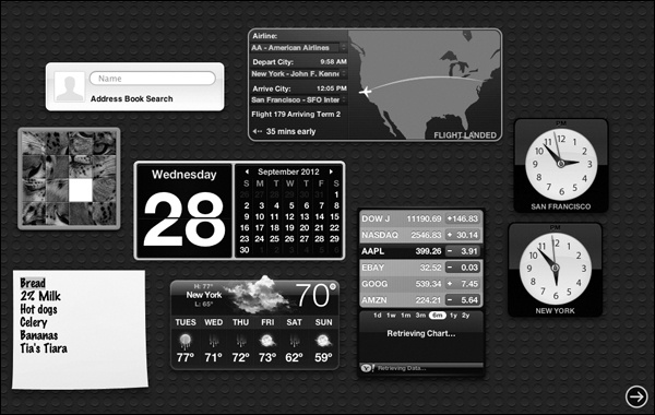 When you summon the Dashboard, you get a fleet of miniprograms that convey or convert all kinds of useful information, on a Spaces screen all their own. You get rid of Dashboard either by pressing the same key again (F4 or whatever), by swiping three fingers to the right on your trackpad, or by clicking anywhere except on a widget.