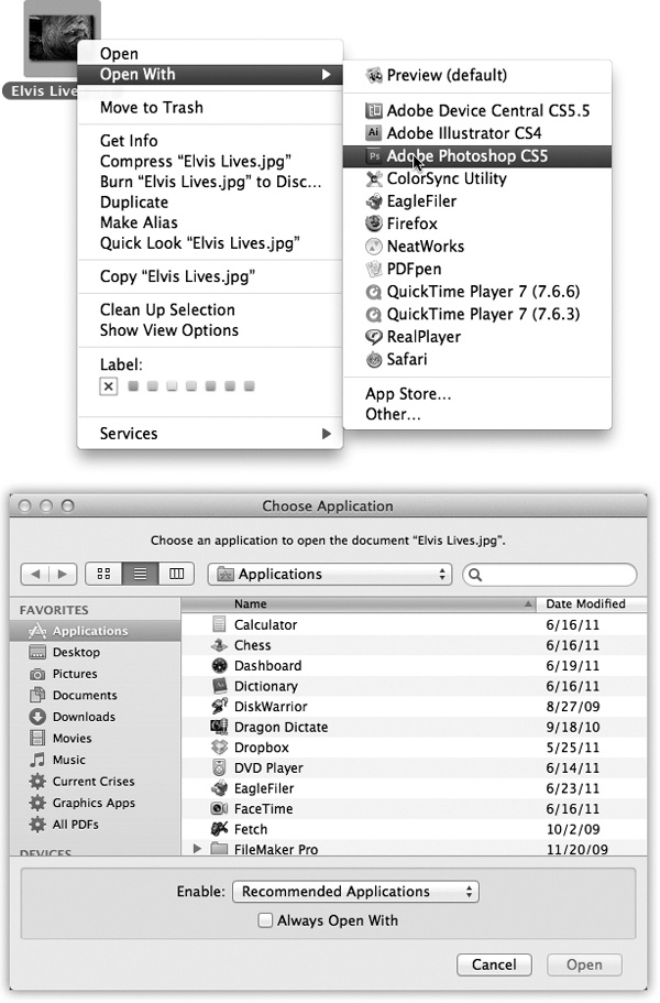 Top: The shortcut menu offers a list of programs capable of opening an icon. If you were to press the Option key right now, the words Open With would suddenly change to say Always Open With.Bottom: If you choose Other, you’re prompted to choose a different program. Turn on Always Open With if you’ll always want this document to open in the new parent program. Otherwise, this is a one-time reassignment.