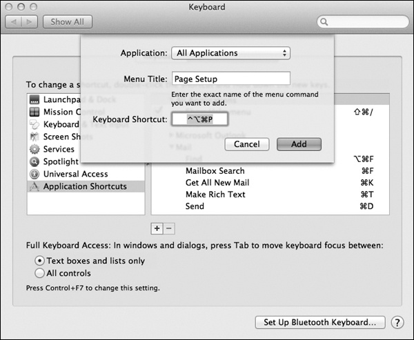 If you choose All Applications from the top pop-up menu, you can change the keyboard combo for a certain command wherever it appears. You could, for example, change the keystroke for Page Setup in every program at once. (Beware the tiny yellow triangles; they let you know if a chosen keystroke conflicts with another Mac OS X keystroke.)