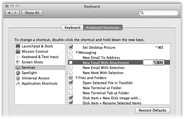 The keyboard-shortcut center lets you redefine the keystrokes that trigger many basic Mac OS X features, menu commands in your programs, and software you’ve built yourself using Automator (which is described in the free online Appendix to this chapter; see this book’s “Missing CD” at www.missingmanuals.com.).