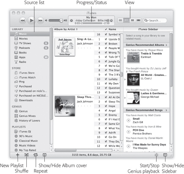 When the Library icon is selected in the Source list, you can click the Browse button (upper right) to produce a handy, supplementary view of your music database, organized like a Finder column view. It lets you drill down from a performer’s name (left column) to an album by that artist (right column) to the individual songs on that album (bottom half, beneath the browser panes).