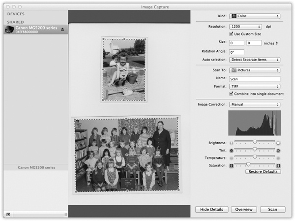 When you use the Show Details button, you get a new panel on the right, where you can specify all the tweaky details for the scan you’re about to make: resolution, size, and so on. See how the two photos have individual dotted lines around them? That’s because Detect Separate Items is turned on. These will be scanned into two separate files.