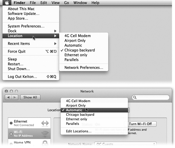 The Location feature lets you switch from one “location” to another just by choosing its name—either from the menu (top) or from this pop-up menu in System Preferences (bottom). The Automatic location just means “the standard, default one you originally set up.” (Don’t be fooled: Despite its name, Automatic isn’t the only location that offers multihoming, described earlier in this chapter.)