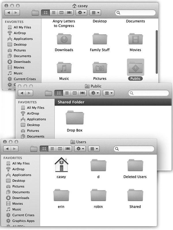 Top: In other people’s Home folders, the Public folder is available for your inspection. It contains stuff that other people have “published” for the benefit of their coworkers.Middle: In the Public folder is the Drop Box, which serves the opposite purpose. It lets anyone else who uses this Mac hand in files to you; they, however, can’t see what’s in it.Bottom: Inside the Users folder (to get there from a Home folder, press -↑) is the Shared folder, a wormhole connecting all accounts. Everybody has full access to everything inside.