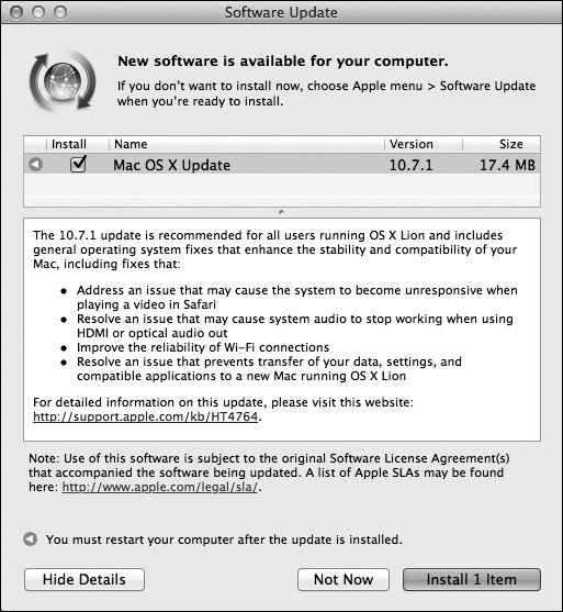 When Software Update finds an appropriate software morsel, it presents this dialog box that offers to install it automatically. (If you see a smaller version of this dialog box, with no visible list of the new components, then click the Details button.)Apple has always created updated and bug-fixing versions of its software components, but they don’t do you any good if you don’t know about them. Software Update means you no longer have to scour Mac news Web sites to discover that one of these components has been released and then hunt down the software yourself.