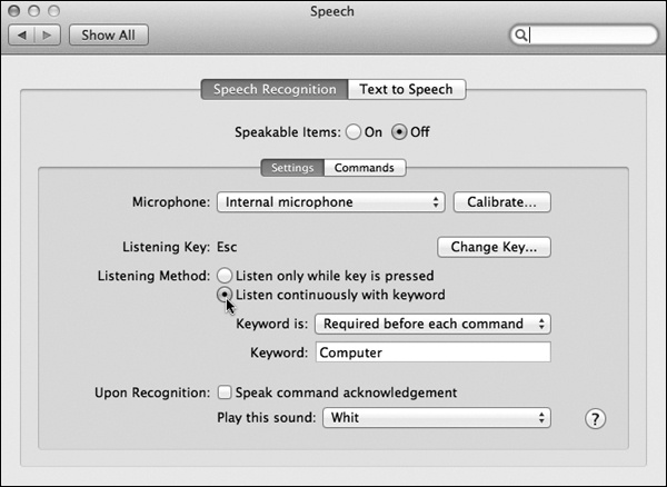Turn listening on and off here. If you turn on “Listen only while key is pressed,” then the Mac pays attention only when you’re pressing a key. It even pauses iTunes playback while you’re pressing it. If you turn on “Listen continuously with keyword,” then you have to say a keyword, which you specify here, to get the Mac’s attention before speaking each command.