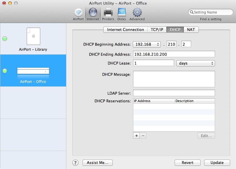 Configuring a DHCP scope on Apple AirPort