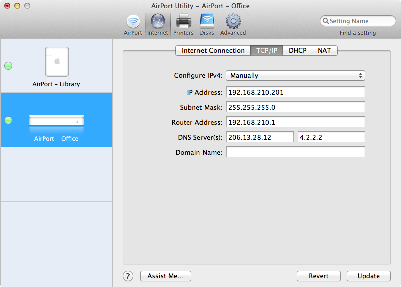 LAN IP settings on Apple AirPort