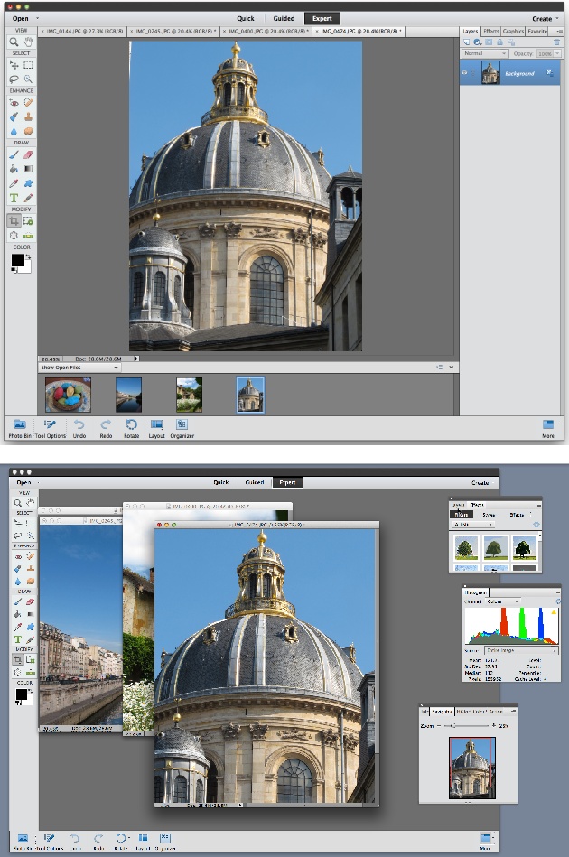 Two different ways of working with the same images, panels, and tools. You can use any arrangement that suits you. (These images show the Mac version, in which the main menu bar is up at the top of the screen, out of the picture here. In Windows, it sticks to the top of the workspace.)Top: The panels in the standard Custom Workspace arrangement, with the images in tabs.Bottom: This image shows how you can customize your panels. The images here are in floating windows, and the Tool Options/Photo Bin is hidden. There’s no Panel Bin, either, since all the panels are floating.