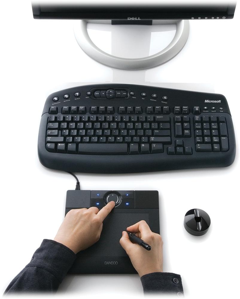 A Wacom Bamboo tablet in action. The working area is inside the rectangle on the tablet’s surface. The buttons and ring at the top of the tablet let you do things like zoom and scroll. For basic photo retouching, a small tablet is usually fine. If you want to do more drawing and like using sweeping strokes to draw, then you may want a larger model. You can also buy tablets that let you use your fingers for input, like a laptop trackpad. But for photo editing, you’ll be happier with one that comes with a pen-like stylus, since the stylus lets you be more precise when doing things like making selections.