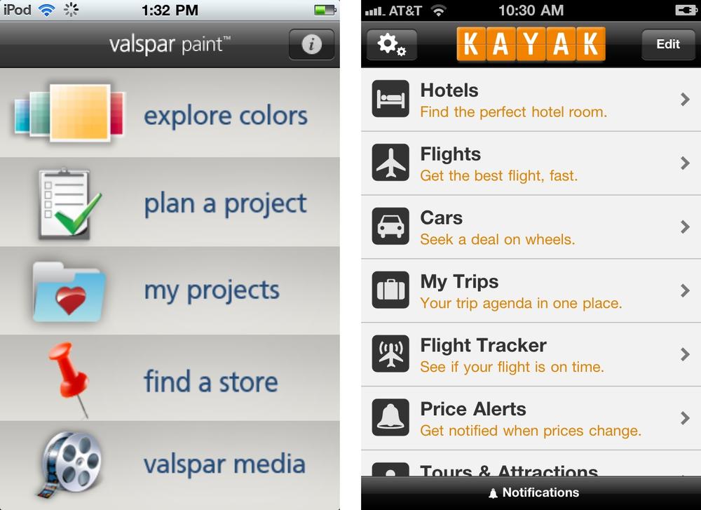List menus: Valspar Paint and Kayak