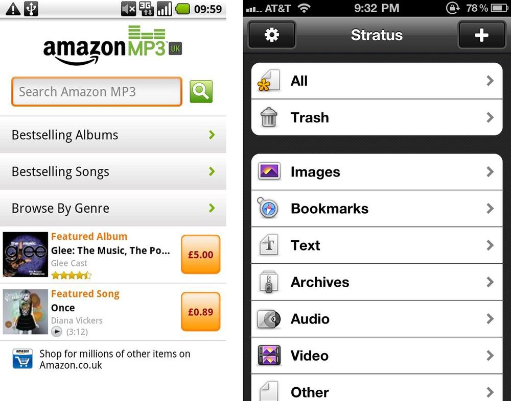 Enhanced list, Amazon MP3; grouped list, Stratus