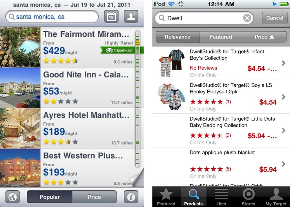 Expedia, sort toggle at the bottom; Target, sort toggle at the top