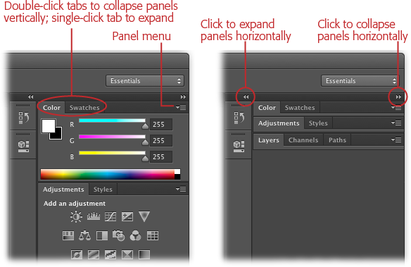 Here you can see the difference between expanded panels (left) and collapsed panels (right). Double-click a panel’s tab to collapse it vertically, rolling it up like a window shade; single-click the tab again to expand the panel.You can also collapse a panel horizontally by clicking the right-pointing double arrows in its top right (circled, right), at which point it turns into a small button. To expand one of these buttons back into a panel, just click the left-pointing double arrows circled here (middle).