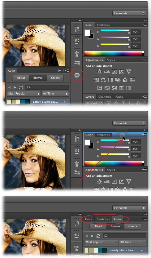 Top: When you open a new panel, Photoshop adds it to a column to the left of your other panels and gives it a handy button that you can click to collapse or expand it. The tiny dotted line above each button is its handle; click and drag one to reposition the panel in the column, add the panel to a panel group, and so on. If the panel you opened is related to another panel—like the Brush panel and the Brush Presets panel—then both panels will open as a panel group with a single handle (note the two buttons above the circle here).Middle: When you’re dragging a panel into a panel group, wait until you see a blue line around the inside of the group before you release your mouse button. Here, the Kuler panel is being added to a panel group. (You can see a faint version of the Kuler panel’s button where the red arrow is pointing.)Bottom: When you release your mouse button, the new panel becomes part of the group. To rearrange panels within a group, drag their tabs (circled) left or right.