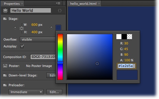 Edge uses the RGB (red-green-blue) color space used by most computer monitors and TV sets. The A stands for Alpha channel and controls opacity/transparency. The color picker lets you specify colors by pointing and clicking or typing in numbers.