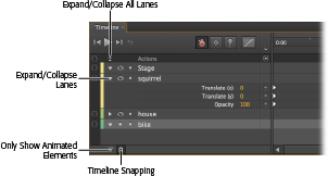 Each element in your project, including the stage, gets a row in the Timeline. Click the Expand/Collapse button next to the element’s name to show or hide the properties that are used in your animation. Here the squirrel properties are hidden, while the farmhouse properties are shown. Bike doesn’t show an Expand/Collapse button because no properties have changed.