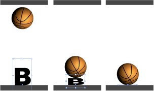 In this animation, the basketball drops from above (left). When it meets the letter B, it squashes the letter (middle). By the time it hits the ground, the letter is flat (bottom). As the ball bounces up, the letter springs back into shape.